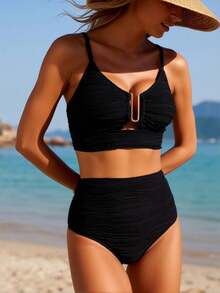 2026 New Women's Sexy Fashion Black Textured Metal Buckle High-Waist Two-Piece Bikini For Vacation & Leisure Swimwear - 黑色 - 查看 2