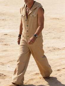 Men's Loose Summer Casual Lazy Lightweight Hooded Tank Top Multi-Pocket Jumpsuit - Khaki - View 3