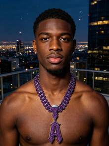 Dây chuyền chữ cái màu tím đính đá - Mặt dây chuyền chữ cái đầu tên tùy chỉnh với dây chuyền kiểu , trang sức hip hop dành cho nam giới. - Dây chuyền chữ Hip Hop - Xem 4