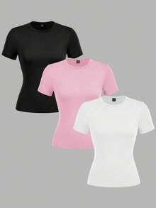 Women's Solid Color Round Neck Casual Versatile Daily Wear Short Sleeve T-Shirt - Pink - View 1