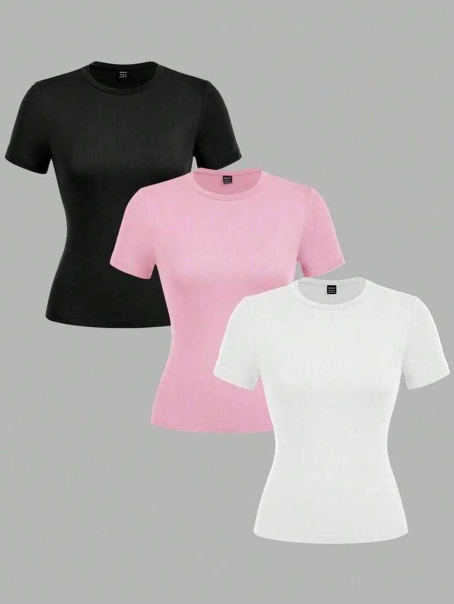 Women's Solid Color Round Neck Casual Versatile Daily Wear Short Sleeve T-Shirt - Pink - View 1