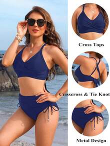 Women's High Waisted Bikini Sets, Crisscross Tie Back Drawstring Tummy Control Two Piece Swimsuits Bathing Suit - 藏蓝色 - 查看 4