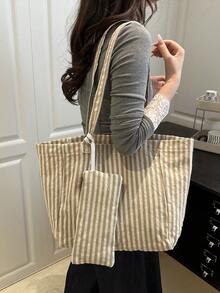 Bolso de Hombro Clásico de Lona, Bolso Portátil para Estudiantes, Escuela y Compras - Caqui 3 - Ver 4