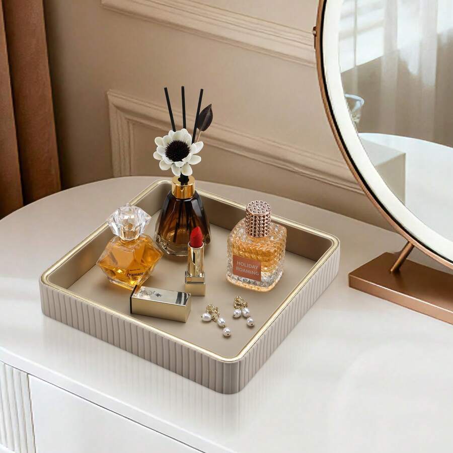 Luxury Leather Tray Desk Organizer - Suitable For Vanity, Skincare Display Box, Lipstick Rack, Bathroom Countertop Beauty Storage - Square - View 1