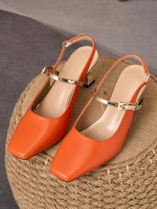 7CM Orange Square Toe Sandals, French Chic Style Asymmetric Heel Elegant Commuter Shoes, Niche Backless Shoes - Burnt Orange - View 3