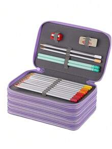 1pc Large Capacity Zipper Pencil Case, Multifunctional Pencil Bag, 72 Slots Color Pencil Box With 3 Big Holes For Sharpener, Eraser And Pencils. Back To School Supplies, Pencil Case, Backpack - Purple - View 9