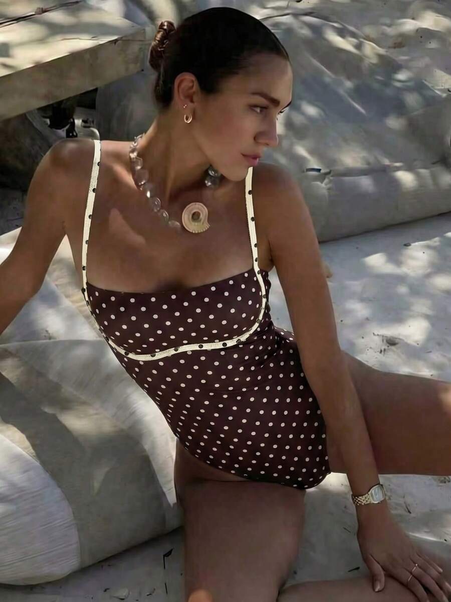 Bộ áo liền quần hai dây màu nâu chấm bi dành cho nữ, kiểu dáng mới, thanh lịch, gợi cảm, thích hợp cho kỳ nghỉ biển, hẹn hò, dự tiệc. - Nhiều màu - Xem 1