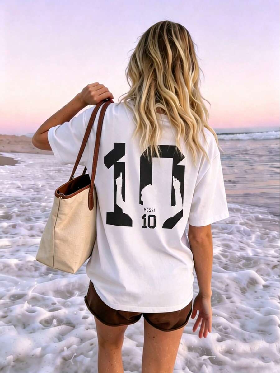 Lionel Messii Retro T-Shirt, Barcelona & Miami Soccer Tee,World Cup Soccer,Plus Size Shirts,Curve Plus Tops,Graphic Tees Women Plus,Rompers For Women Vacation Outfits Women,Summer Tops,Summer Clothes. - 白色 - 查看 1