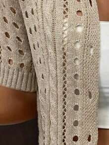 Áo khoác cardigan nữ màu be tay ngắn cổ chữ V, chất liệu dệt kim hơi xuyên thấu với chi tiết cúc, hoàn hảo cho phong cách thường ngày, trẻ trung hoặc mùa thu hè. - Màu Khaki - Xem 4