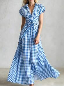 HUTENER Vestido camisa a cuadros azul y blanco, con cuello de camisa + diseño de botones delanteros, vestido holgado y fluido, elegante para vacaciones/uso casual de mujer, primavera/verano - Azul - Ver 4
