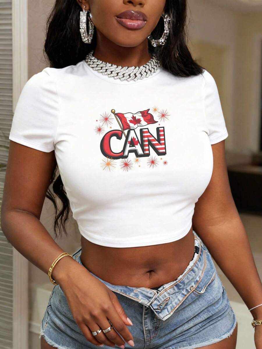 Women's Cropped T-Shirt Tank Top, Short-Sleeved, White, With Canadian Flag And CAN Print, For Everyday Wear 2026crop Top For Women - White - View 1