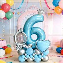32-Inch Blue Number Balloon, Silver Crown Decor, Magic Mirror Balloon, Blue & Silver Heart Balloon, And Latex Balloon Combo, Suitable For Frozen-Themed Birthday Party, Princess-Style 1st Birthday Decoration, Children's Birthday Photo Backdrop, Girls' Growth Celebration, Parent-Child Party Atmosphere, Easily Create A Fairy Tale-Like Frozen Princess Party Scene - View 9