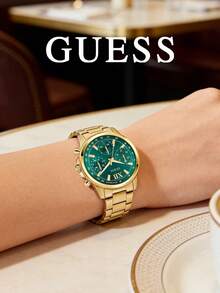Reloj de mujer GUESS, elegante correa de cuero dorado y verde, esfera luminosa, caja de acero inoxidable, piel amigable, adecuado para oficina, eventos sociales, fiestas, aniversarios, citas, regalo del Día de la Madre, resistente al agua 50M - GW0933L6 - Verde - Ver 3