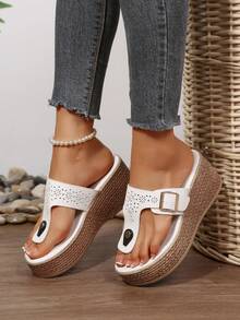 White Platform Thong Sandals For Women, Adjustable Buckle Wedge Flatform Slides - White - View 2