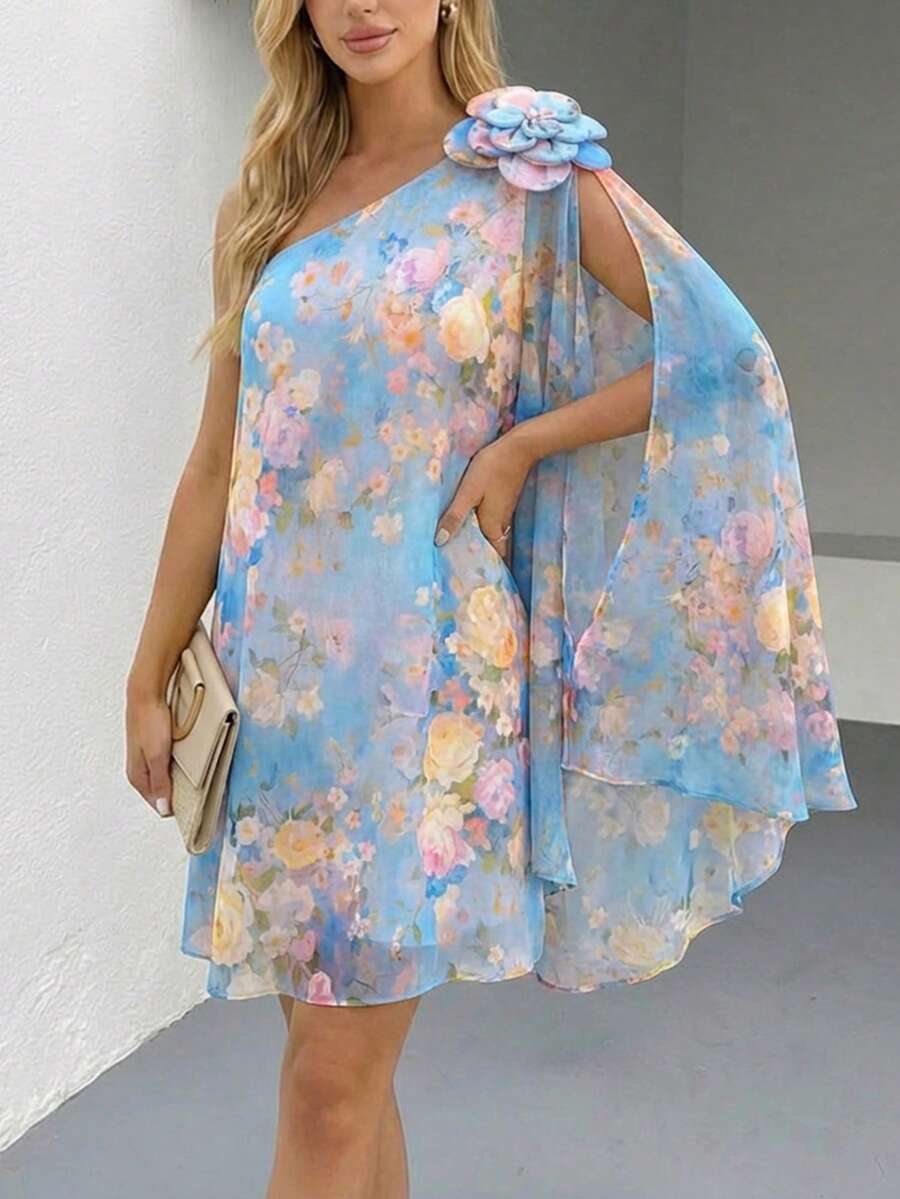 ChicMe Đầm ngắn lệch vai bằng chiffon in hoa 3D cho nữ, kiểu dáng chữ A rộng rãi, thanh lịch, thích hợp cho tiệc tùng, nghỉ hè. - Rửa nhẹ - Xem 1