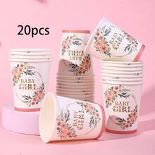 10个/20个/60个装女婴粉色玫瑰花冠一次性纸杯，绿叶花卉装饰9盎司饮料杯，粉色和玫瑰金纸杯，适合婴儿派对、生日派对用品 - 查看 7