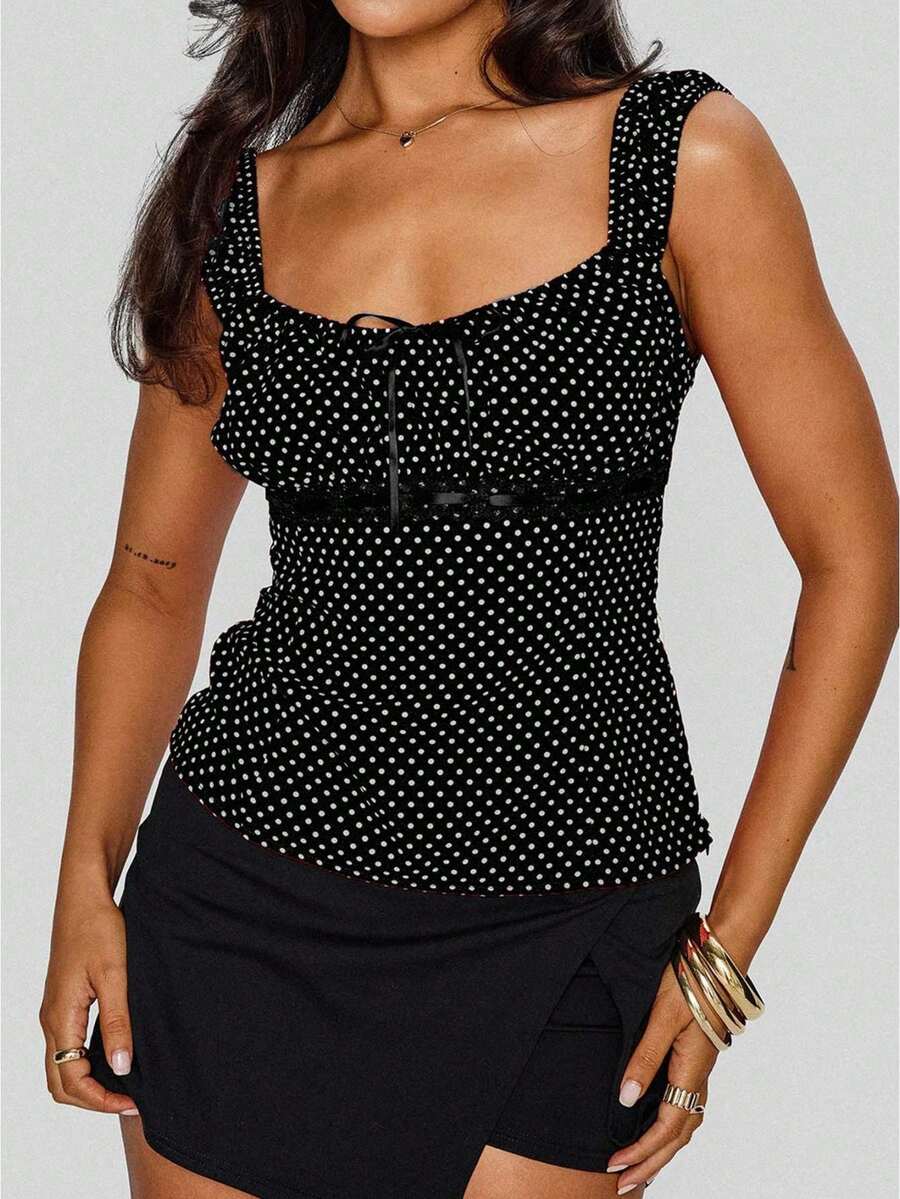 Women's Polka Dot Bow Front Cami Top - Square Neck Ruched Sleeveless Summer Y2K Top - 黑色 - 查看 1