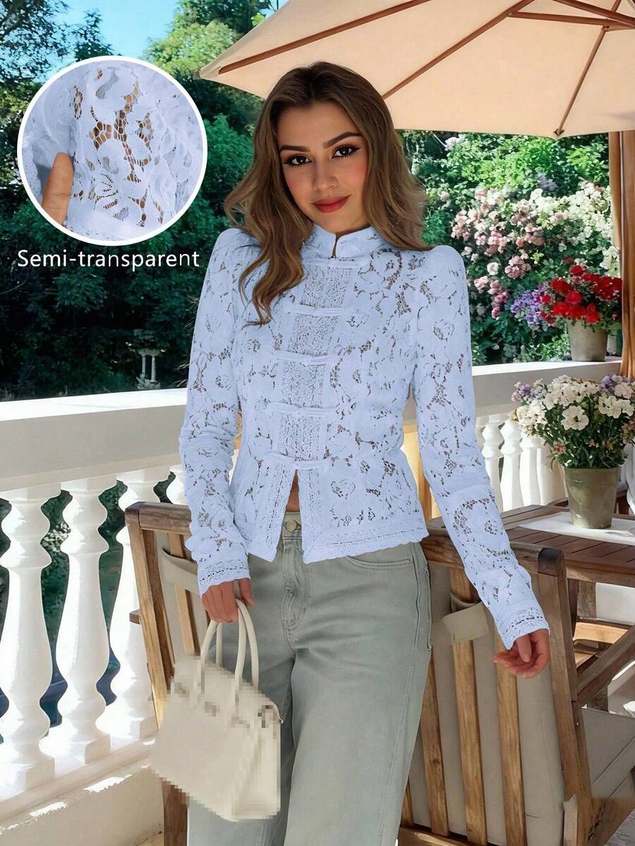 Women's Elegant White Semi-Sheer Blouse With Stand Collar And Long Leg-Of-Mutton Sleeves Regular Fit Button Details Woven Fabric Non-Stretch Top - Baby Blue - View 1