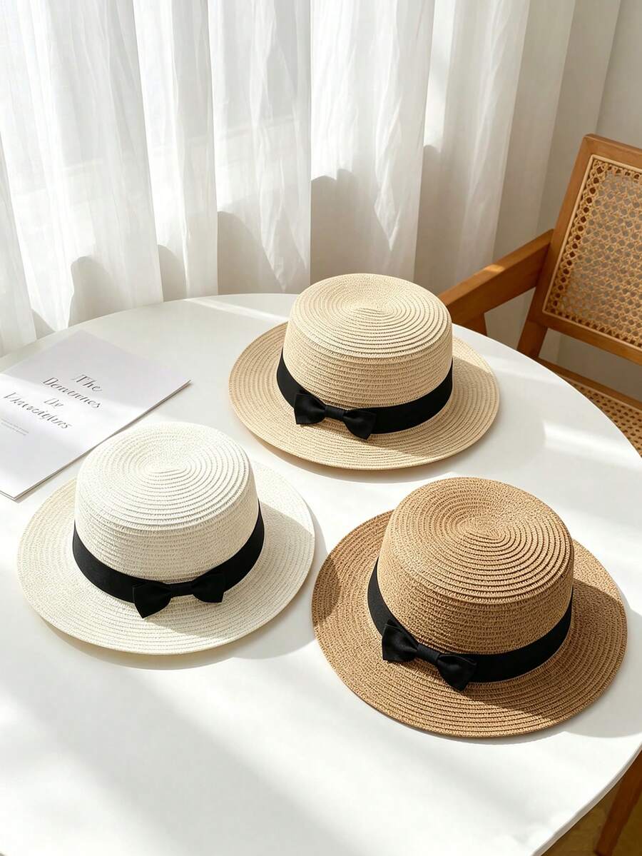 1顶波西米亚风法式拉菲草蝴蝶结草帽，女士夏季沙滩防晒巴拿马帽 - A - 查看 1