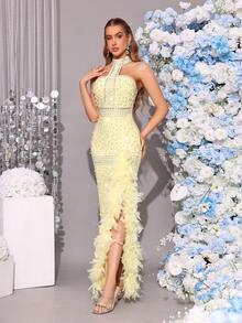 Đầm dạ hội không tay hở lưng mới, được làm thủ công với hạt cườm và đá quý, kiểu dáng thanh lịch, thích hợp cho tiệc tối trang trọng, đám cưới hoặc các dịp đặc biệt. - Màu vàng - Xem 7