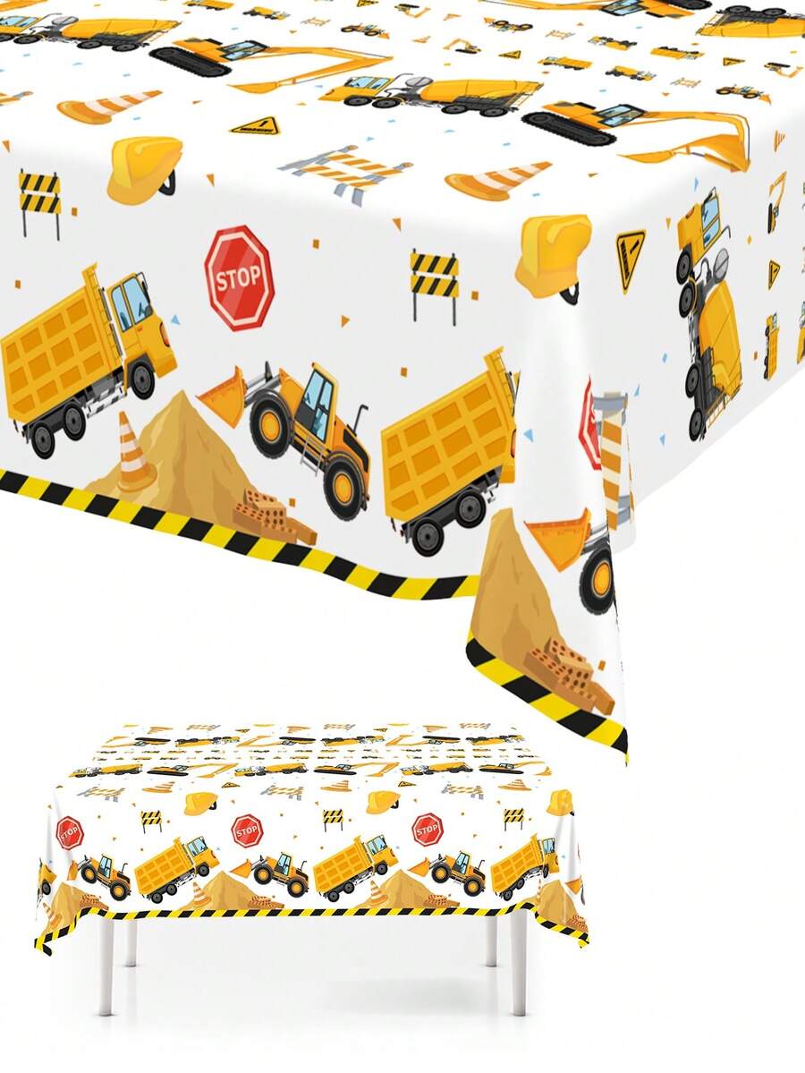 1件建筑主题塑料桌布,183x137厘米黄色挖掘机图案一次性桌布,非常适合男孩工程车主题一周岁生日派对餐桌装饰、婴儿派对用品 - 彩色 - 查看 1