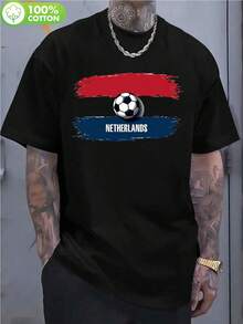 Tricou oficial al echipei naționale de fotbal a Olandei pentru bărbați - Tricou cu mânecă scurtă și guler rotund, cu design tricolor al emblemei echipei naționale, lavabil la mașină, pentru meciuri, antrenamente și utilizare zilnică în aer liber - Negru - Vizualizare 1