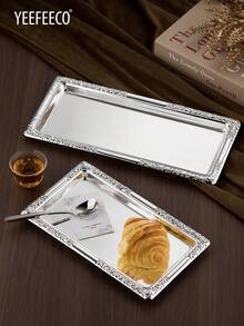 yeefeeco 1pc Iron Gold/Silver Long Tray, Serving Platter, Storage Tray, Vegetable Tray, Middle Eastern Style Tray, 3 Size Options, Suitable For Home, Restaurant, Catering - Silver - View 2