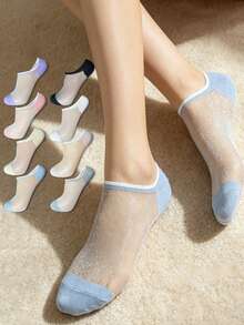 1/4/8 paires de chaussettes invisibles multicolores style dopamine avec fil d'argent pour femmes. Chaussettes d'été respirantes en maille, chaussettes basses antidérapantes, chaussettes fines scintillantes - Multicolore - Voir 2
