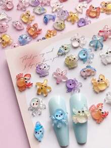 50pcs/100pcs Ocean Style Shiny Star, Seashell, Crab, Seahorse, Shell, Octopus Pattern Nail Art Decorations, DIY Colorful Ocean Element Nail Jewelry, Nail Products, Mixed Shapes And Styles - Multicolor - View 5