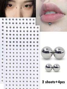 6pcs/Set Non-Piercing Jewelry - 2Sheets Face Gems Sticker, Gold & Silver Ball Self-Adhesive Fake Eyebrow Lip Labret Nose Studs And 4pcs Repalcement Ball Accessories, Punk Y2K Adhesive Face Jewelry For Party Halloween Makeup DIY,Concert Look - Multicolor - View 10