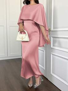 Vestido de verano para mujer, vestido de fiesta elegante, vestido para bodas y reuniones, combinado con un elegante chal tipo capa y detalles de cremallera oculta para mostrar una elegancia refinada. Rosa - Rosa - Ver 4