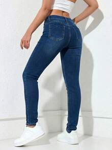 Pantalón Ajustado Negro de Talle Alto: Silueta Ceñida y Botonadura Frontal Decorativa, Denim Elástico para un Ajuste Cómodo. - Azul Mezclilla H2VA34 - Ver 6