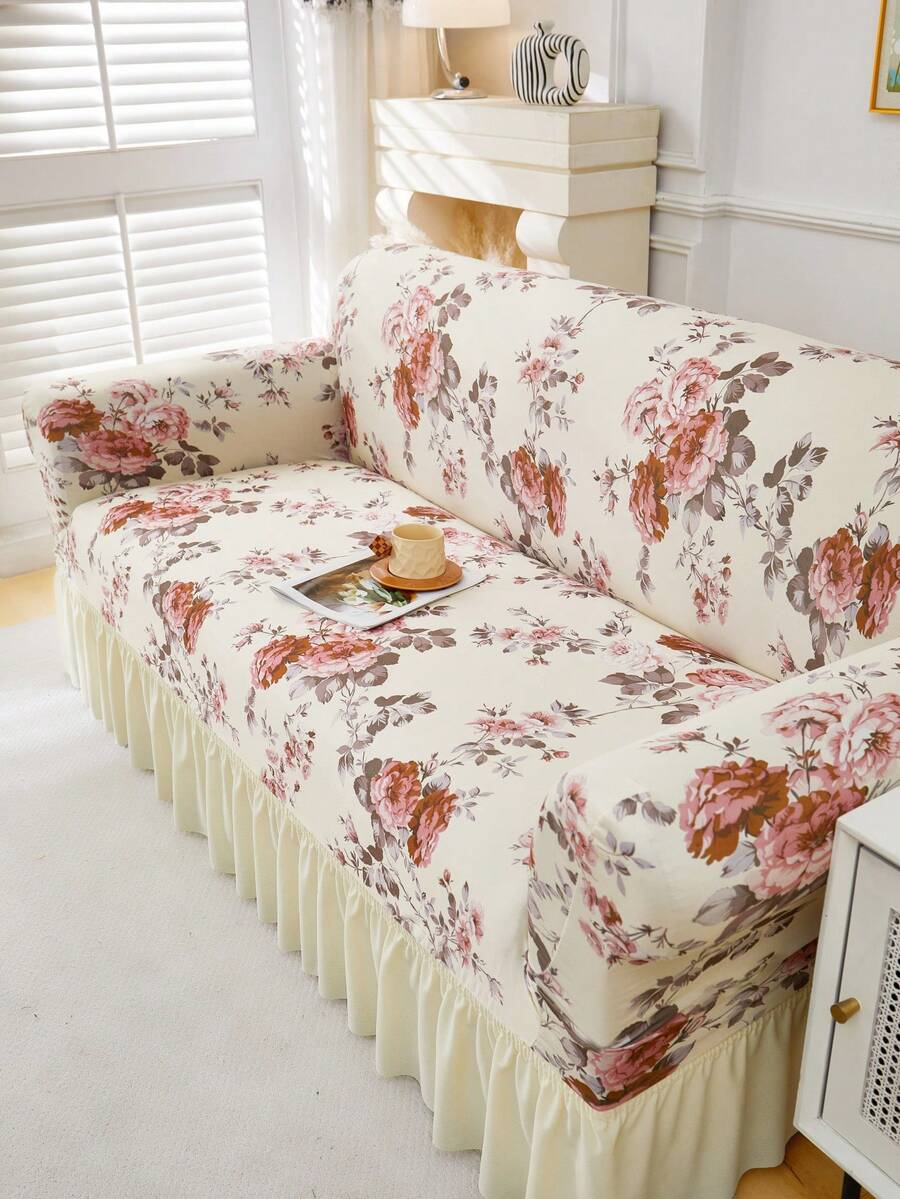 1pc Slip-Resistant Elastic Decorative Sofa Cover, Milk Silk Fabric Floral Print Skirt Design, Fit For Single/Double/Three/Four Seater Sofa, Pet-Friendly, Colorful, Suitable For Spring/Summer/Autumn/Winter