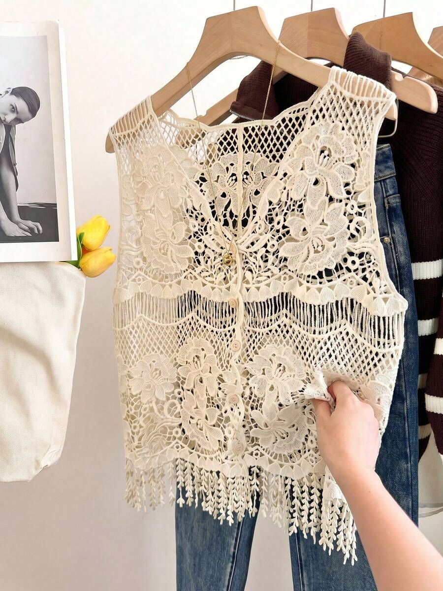Áo khoác cardigan dệt kim tua rua Wixra, kiểu dáng thường ngày đa năng. - Màu be - Xem 1