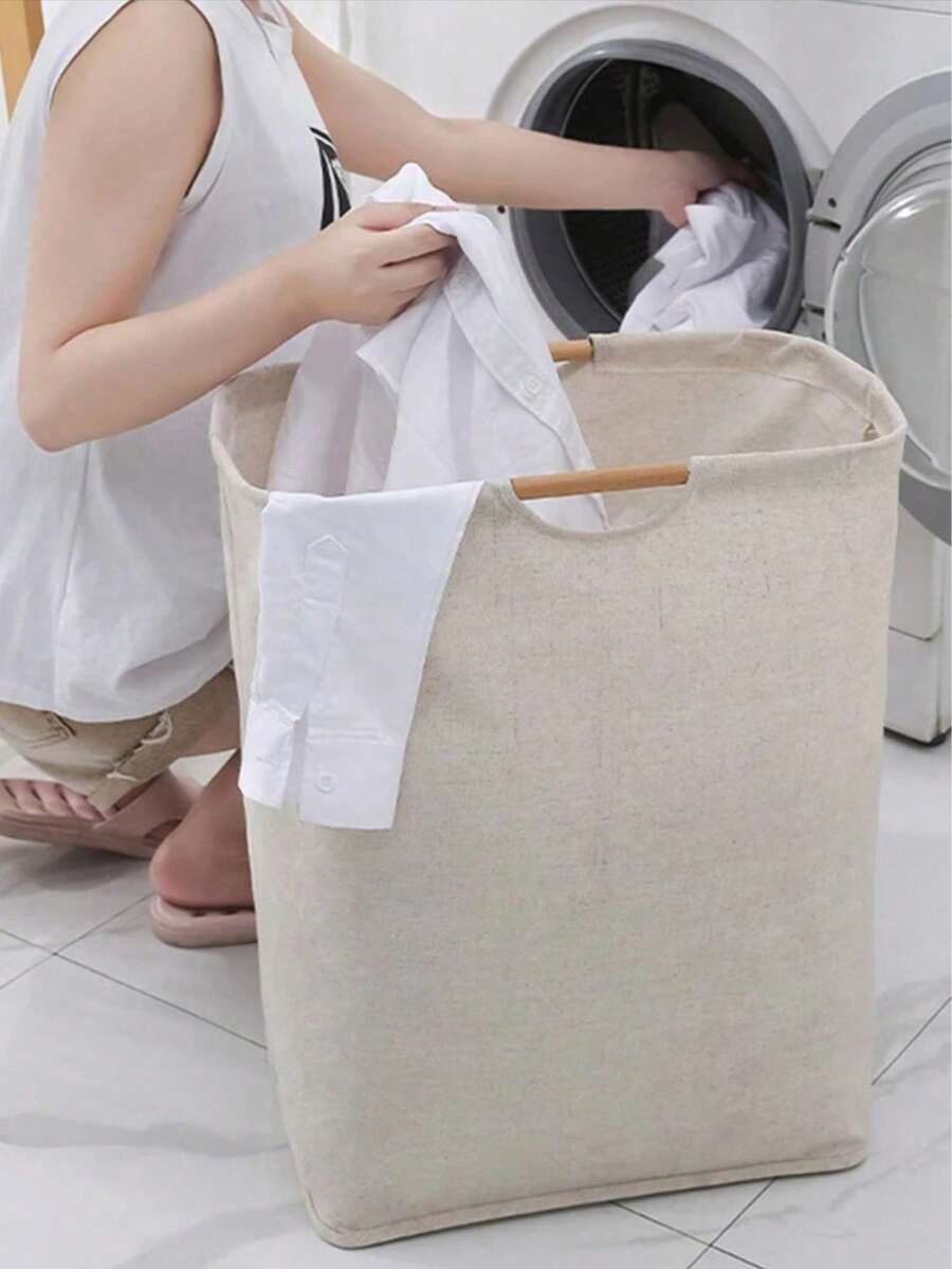 1件棉麻可折疊便攜式髒衣籃,適用於臥室與浴室的洗衣收納,大容量可存放娃娃與玩具,附木製提把髒衣收納籃 - 米色 - 查看 1