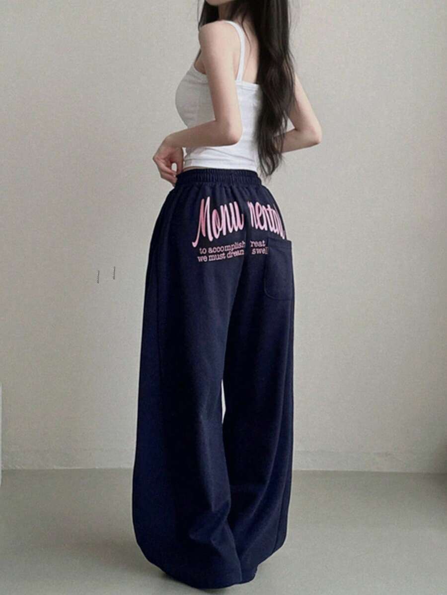 Comfortable Versatile Printed Casual Wide Leg Pants Spring - Navy Blue - View 1