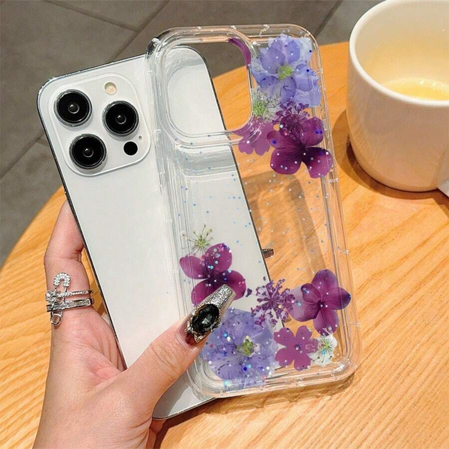 1个优雅渐变紫色花朵圆点设计防震透明软手机壳，兼容苹果17/16/15/14/13/12/11 Plus/Pro Max系列，简约全包保护壳，时尚美观设计。 - 彩色 - 查看 1