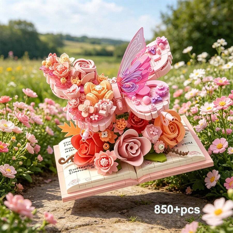 850+ PCS Small Particle Building Blocks Butterfly & Flower Bouquet Model, Colorful Butterfly Combination, Indoor Home Decor, ABS Plastic Assembly Model, Gift For Men & Women, Birthday & Holiday Present - Creative Butterfly Flower - View 1