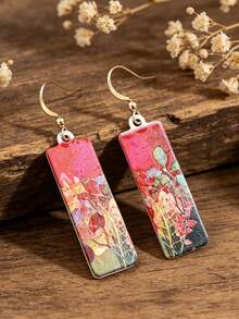 1 Pasang Anting Panjang Motif Bunga Lukisan Minyak Artistik Kreatif, Gaya Artistik yang Elegan dan Modis - MultiWarna - View 3