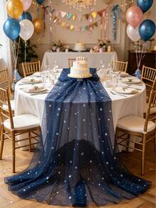 1 pièce Chemin de table en maille brillante bleu marine, nappe de fête, fournitures pour anniversaire d'homme, nappe d'anniversaire de garçon, décoration d'anniversaire, nappe, housse de table de couleur unie, décoration de mariage, chemin de table, décoration de table de banquet, chemin de table de cuisine, décoration centrale de table à manger, cadeau d'anniversaire - Bleu foncé - Voir 3