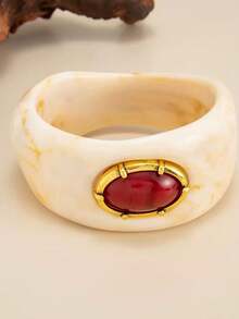 1 pieza Brazalete vintage de resina acrílica con piedras preciosas falsas, de diseño geométrico asimétrico, adecuado para uso diario y vacaciones - Multicolor - Ver 10