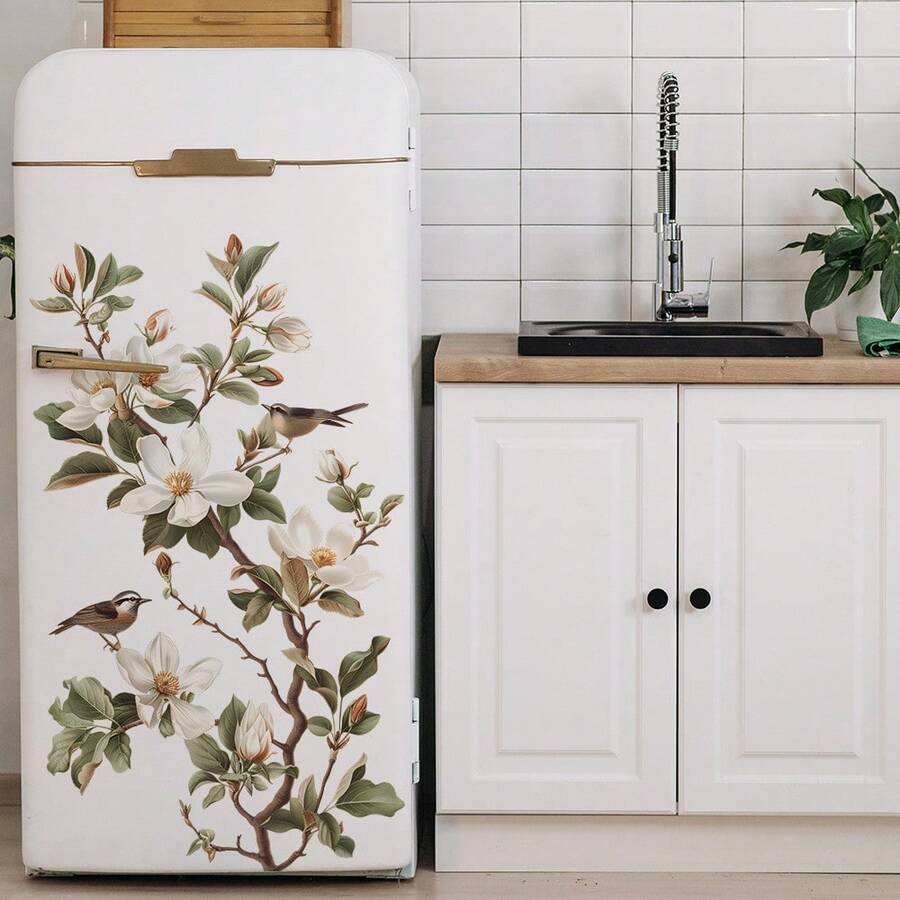 1pc New Chinese Style Magnolia Flower & Bird Refrigerator Magnet, Retro Zen Cabinet Door Decor Sticker, Waterproof Removable - Multicolor - View 1