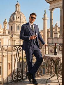 3 Pieces Mens Suits Pinstripe Suit Slim Fit Casual Dress Suits For Wedding Party Blazer+Vest+Pants, Men's Formal Business Commuting Suits With Waistcoat - 藏蓝色 - 查看 2