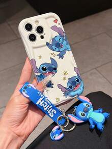 Disney Lilo & Stitch Phone Case With Stitch Wrist Strap & 3D Plush Keychain, Cute Multi-Pose Stitch Character Print With Heart & Flower Doodles, Shockproof Silicone Wave Edge Case With Hand Strap, Disney Stitch Phone Cover For IPhone 17, 16, 15, 14, 13, 12, And 11 Pro Models. Made Of Durable TPU With Shockproof Protection. A Fun Gift For Family, Friends, Birthdays, Holidays, And Special Occasions. - 白色 - 查看 3