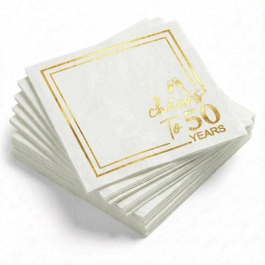 20/40/60张装 50岁生日派对餐巾纸，印有“Cheers To 50 Years”字样，白色和金色生日装饰纸巾，6.5x6.5英寸，适用于50岁生日、周年纪念、婚礼庆典等场合的鸡尾酒饮料餐巾纸。 - 金色 - 查看 1