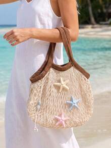 Bolso de malla de estilo festivo a la moda, con adornos de cuentas de concha en beige con ribete marrón; un bolso de mano para damas, perfecto para vacaciones en la playa y ocasiones similares - Marrón - Ver 3