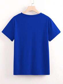 Blusa de mujer de manga corta con cuello redondo en azul marino con estampado versátil de leopardo y cereza - Azul - Ver 2