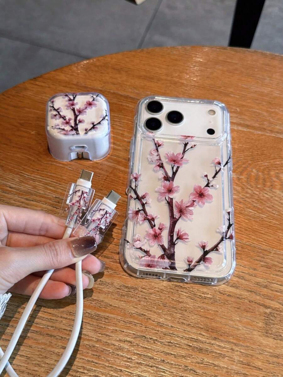 四件套（1个气囊防震手机壳 + 1个英国20W苹果充电器保护套 + 2个数据线夹）UV喷绘粉色梅花图案，适用于英国标准20W充电器，兼容 17/17 Pro/17 Pro Max/Air/16/16 Pro/16 Pro Max/16 Plus/7/8/7 Pro/8 Plus/X/Xs/Xr/Xs Max/11/11 Pro/11 Pro Max/12/12 Pro/12 Pro Max/12 Mini/13/13 Pro/13 Pro Max/13 Mini/14/14 Pro/14 Plus/14 Pro Max/15/15 Pro/15 Plus/15 Pro Max - 彩色 - 查看 1