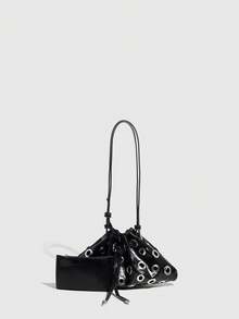 金属铆钉手提包、单肩包、斜挎包、镂空抽绳水桶包、女士包包批发 - 黑色 - 查看 5