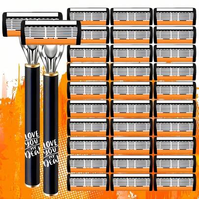 2 Tay cầm (tiếng Anh) + 36 đầu lưỡi, Máy cạo râu cầm tay dành cho nam, được trang bị 6 lớp lưỡi dao bằng thép không gỉ - Đầu cạo thay thế mạnh mẽ, tay cầm kim loại chống trượt và hệ thống nhiều lưỡi dao, cạo râu và tóc mai dễ dàng và mượt mà - Máy cạo râu bền bỉ được thiết kế cho râu dày, dành cho nam giới